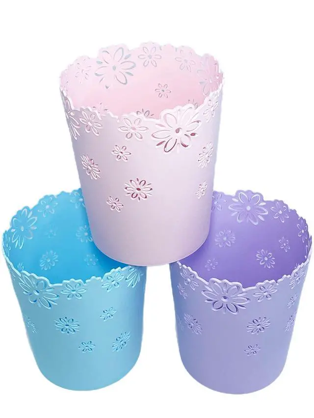 Alt view image 6 of 7 - Wastebasket, Hollow Flower Shape Plastic Lidless Wastepaper Baskets Trash Can (Pink, Mini)