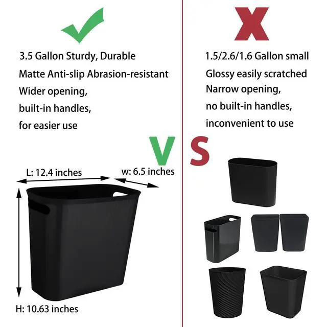 Alt view image 3 of 7 - Small Bathroom Trash Can 3.5 Gallon Slim Plastic Garbage Can, Black
