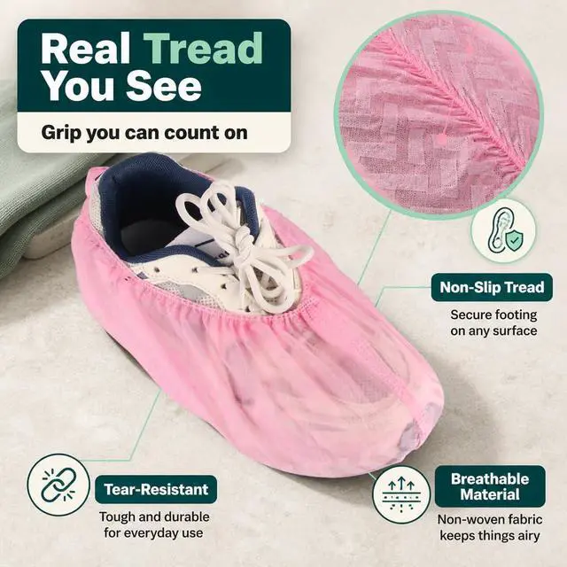 Alt view image 7 of 7 - Non-Slip Shoe Covers Disposable, 100 Pack Pink, One Size Fits Most Booties