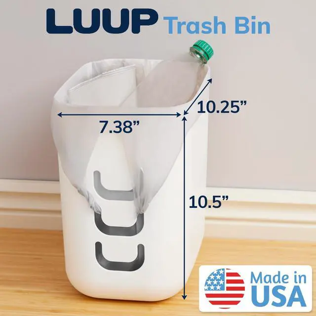 Alt view image 2 of 7 - Luup Trash Can (White) - Reuse Grocery Bags - Plastic Garbage Container for Bathroom, Vanity, Laundry Room, Kitchen, Office, Garage - 2.5 Gallon Wastebasket with Hooks to Secure Trash Bags