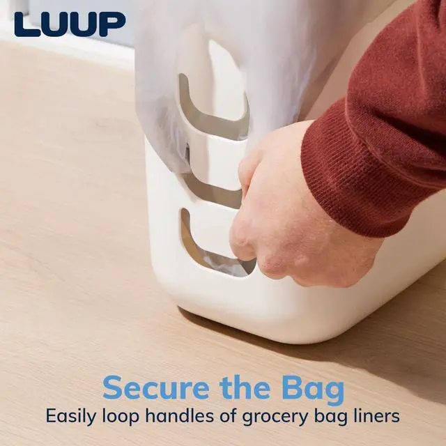 Alt view image 4 of 7 - Luup Trash Can (White) - Reuse Grocery Bags - Plastic Garbage Container for Bathroom, Vanity, Laundry Room, Kitchen, Office, Garage - 2.5 Gallon Wastebasket with Hooks to Secure Trash Bags