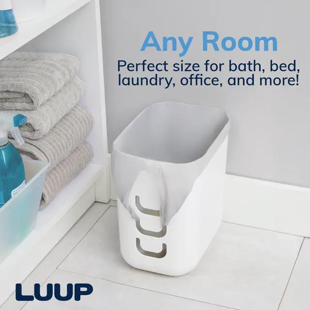Alt view image 7 of 7 - Luup Trash Can (White) - Reuse Grocery Bags - Plastic Garbage Container for Bathroom, Vanity, Laundry Room, Kitchen, Office, Garage - 2.5 Gallon Wastebasket with Hooks to Secure Trash Bags