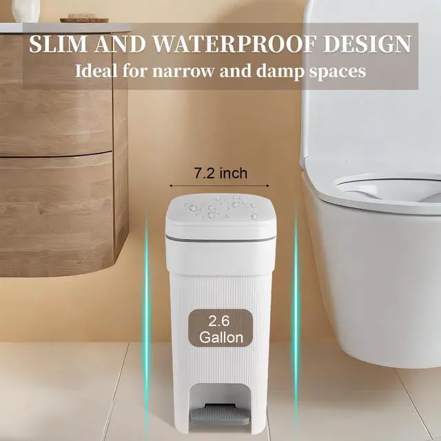 Alt view image 5 of 7 - Small Bathroom Trash Can with Lid Slim Step Garbage Can 2.6 Gallon White