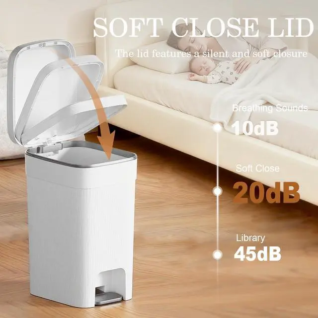 Alt view image 6 of 7 - Small Bathroom Trash Can with Lid Slim Step Garbage Can 2.6 Gallon White