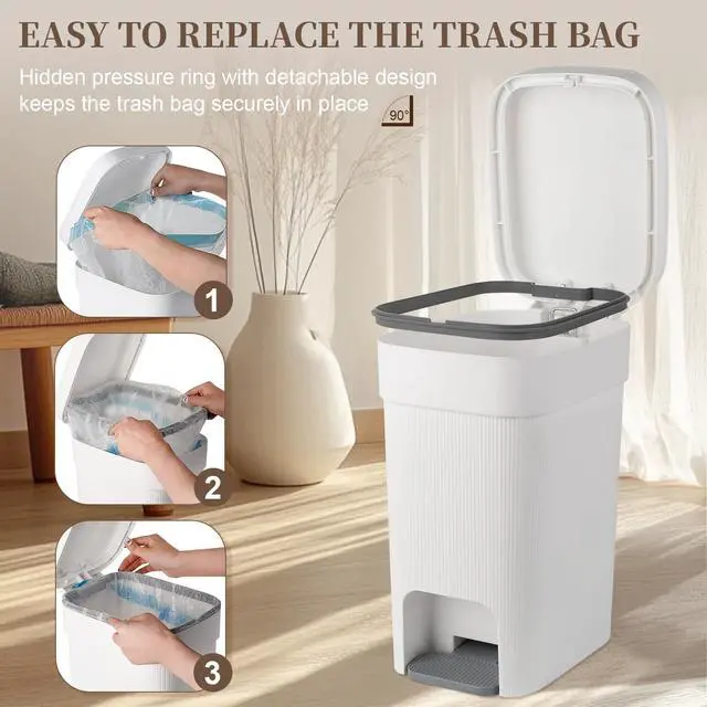 Alt view image 7 of 7 - Small Bathroom Trash Can with Lid Slim Step Garbage Can 2.6 Gallon White