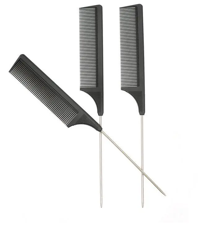Main image of 3 Pcs Rat Tail Combs Carbon Fiber Heat Resistant Teasing Hair Combs with Stainless Steel Pintail for All Hair Types (Black)
