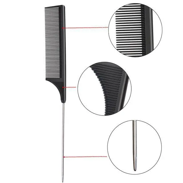 Alt view image 3 of 6 - 3 Pcs Rat Tail Combs Carbon Fiber Heat Resistant Teasing Hair Combs with Stainless Steel Pintail for All Hair Types (Black)