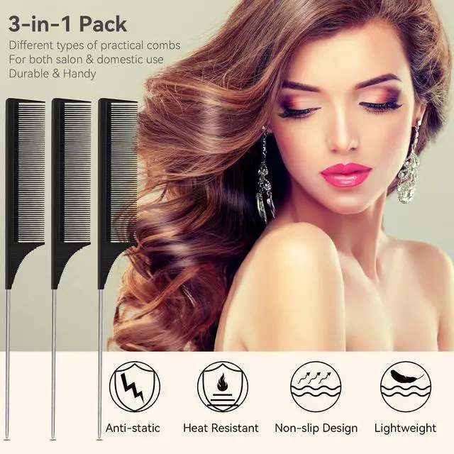 Alt view image 2 of 7 - 3 Pack Hair Rat Tail Combs Set, Parting Rattail, Teasing Fine Tooth Comb, Metal Hair Pick Detangling, Heat Resistant Carbon Fiber Teasing Comb, and Stainless Steel Pintail(Black)
