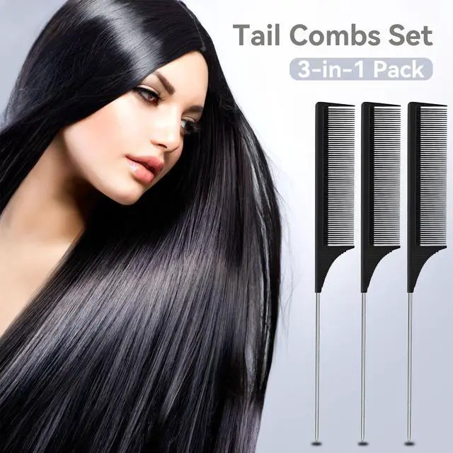 Alt view image 3 of 7 - 3 Pack Hair Rat Tail Combs Set, Parting Rattail, Teasing Fine Tooth Comb, Metal Hair Pick Detangling, Heat Resistant Carbon Fiber Teasing Comb, and Stainless Steel Pintail(Black)