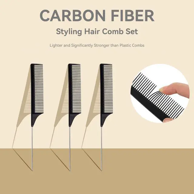Alt view image 5 of 7 - 3 Pack Hair Rat Tail Combs Set, Parting Rattail, Teasing Fine Tooth Comb, Metal Hair Pick Detangling, Heat Resistant Carbon Fiber Teasing Comb, and Stainless Steel Pintail(Black)