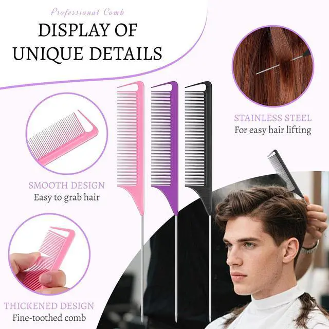 Alt view image 2 of 7 - 6PCS Rat Tail Combs Set, Parting Comb for Braiding, Hair Teasing & Sectioning, Heat Resistant Anti-Static Carbon Fiber Hair Comb with Stainless Steel Pin Tail (6 Pcs)