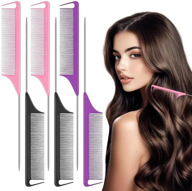 Main image of 6PCS Rat Tail Combs Set, Parting Comb for Braiding, Hair Teasing & Sectioning, Heat Resistant Anti-Static Carbon Fiber Hair Comb with Stainless Steel Pin Tail (6 Pcs)