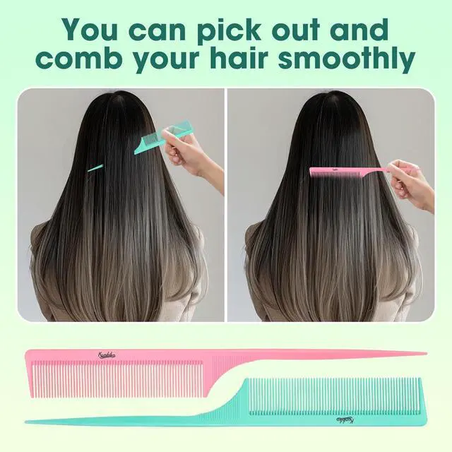 Alt view image 6 of 7 - 3Pcs 9Inch Rat Tail Comb for WomenFine Tooth Parting CombCarbon Fiber Heat Resistant Anti Static Teasing for Back Combing Root Teasing Adding Volume Evening Styling (PinkGreen,Black)