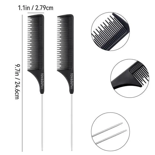 Alt view image 3 of 7 - 2 Pack Rat Tail Comb Black Teasing Comb for Sectioning, Parting, Styling Hair (Stainless Steel Pintail)