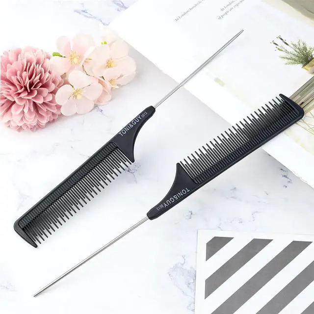 Alt view image 7 of 7 - 2 Pack Rat Tail Comb Black Teasing Comb for Sectioning, Parting, Styling Hair (Stainless Steel Pintail)