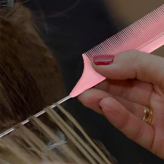 Alt view image 2 of 7 - Rattail Carbon Comb - Wide Tooth, Teasing, Metal Parting, Perfect for Lifting and Hairstyling, Lightweight, Pink