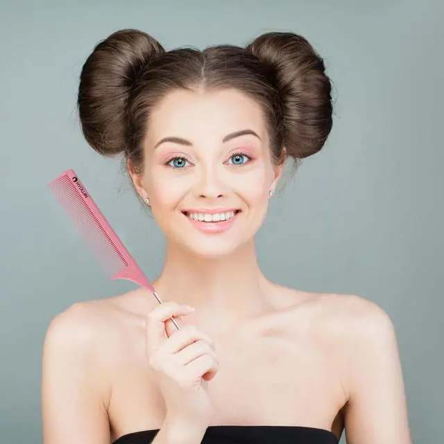 Alt view image 3 of 7 - Rattail Carbon Comb - Wide Tooth, Teasing, Metal Parting, Perfect for Lifting and Hairstyling, Lightweight, Pink