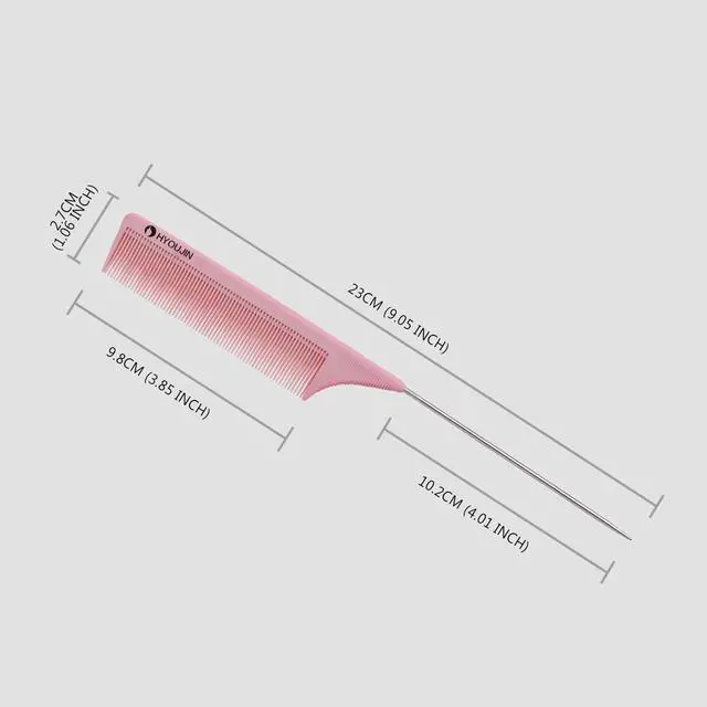 Alt view image 4 of 7 - Rattail Carbon Comb - Wide Tooth, Teasing, Metal Parting, Perfect for Lifting and Hairstyling, Lightweight, Pink