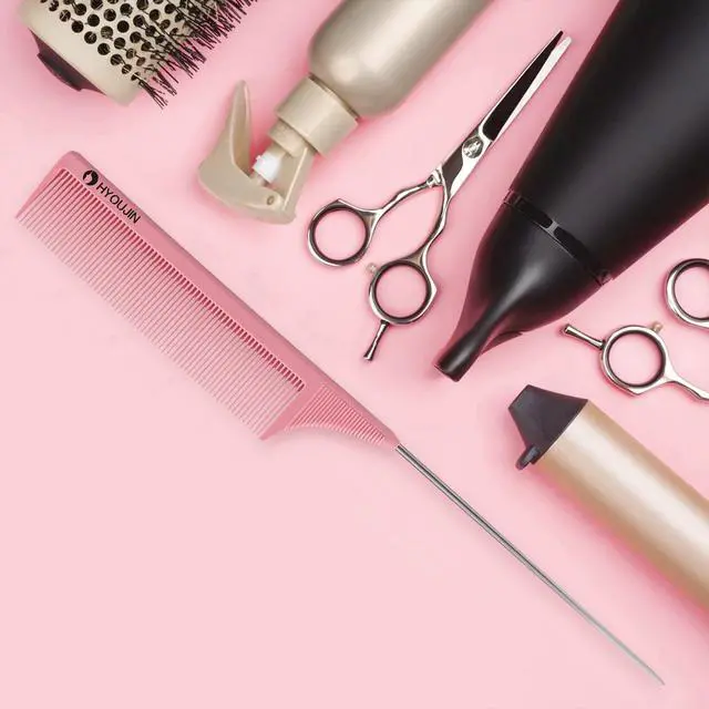 Alt view image 6 of 7 - Rattail Carbon Comb - Wide Tooth, Teasing, Metal Parting, Perfect for Lifting and Hairstyling, Lightweight, Pink