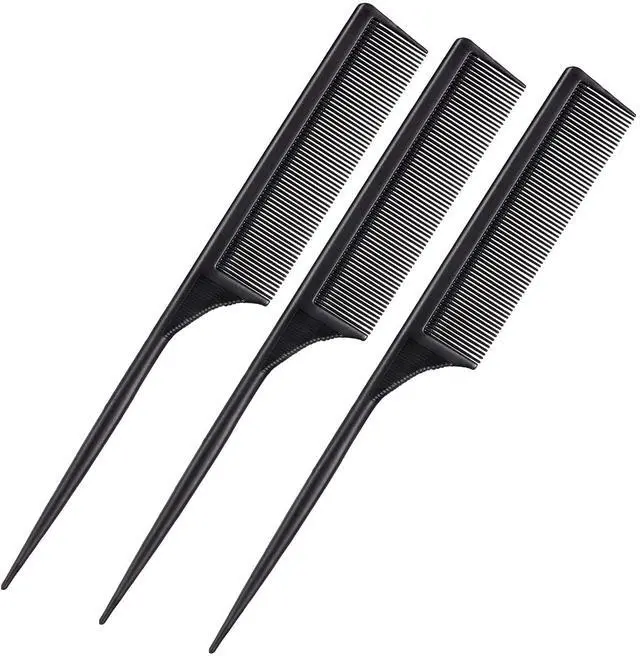 Main image of 3 Pack Rat Tail Combs Fine Tooth Parting Tip for Women Carbon Fiber Heat Resistant Anti Static Teasing for Back Combing Root Teasing Adding Volume Evening Styling(Black)