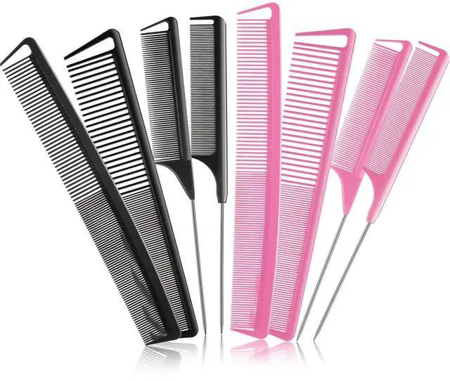 Main image of 8 Pcs Rat Tail Combs Set Carbon Fiber Parting Combs for Braid Heat Resistant Fine & Wide Tooth Teasing Comb Stainless Steel Pintail Black Pink Precision Hair Styling Supplies for Cosmetology