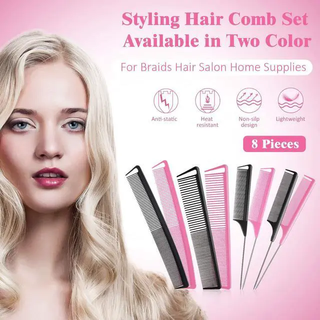Alt view image 2 of 7 - 8 Pcs Rat Tail Combs Set Carbon Fiber Parting Combs for Braid Heat Resistant Fine & Wide Tooth Teasing Comb Stainless Steel Pintail Black Pink Precision Hair Styling Supplies for Cosmetology