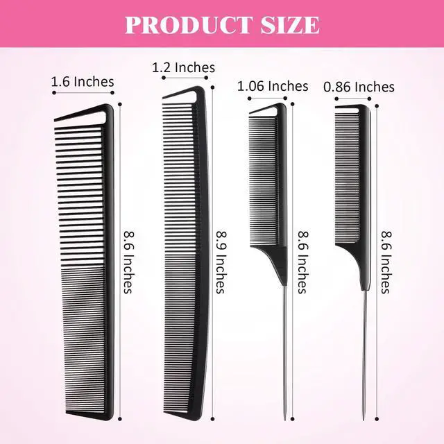 Alt view image 3 of 7 - 8 Pcs Rat Tail Combs Set Carbon Fiber Parting Combs for Braid Heat Resistant Fine & Wide Tooth Teasing Comb Stainless Steel Pintail Black Pink Precision Hair Styling Supplies for Cosmetology