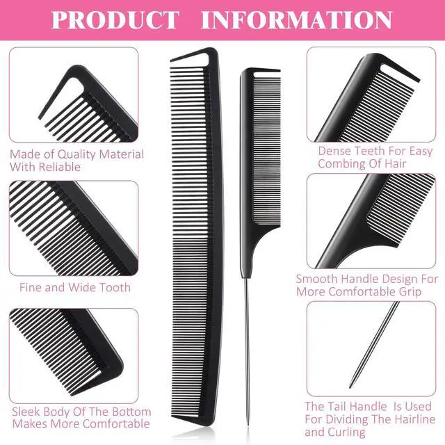 Alt view image 5 of 7 - 8 Pcs Rat Tail Combs Set Carbon Fiber Parting Combs for Braid Heat Resistant Fine & Wide Tooth Teasing Comb Stainless Steel Pintail Black Pink Precision Hair Styling Supplies for Cosmetology