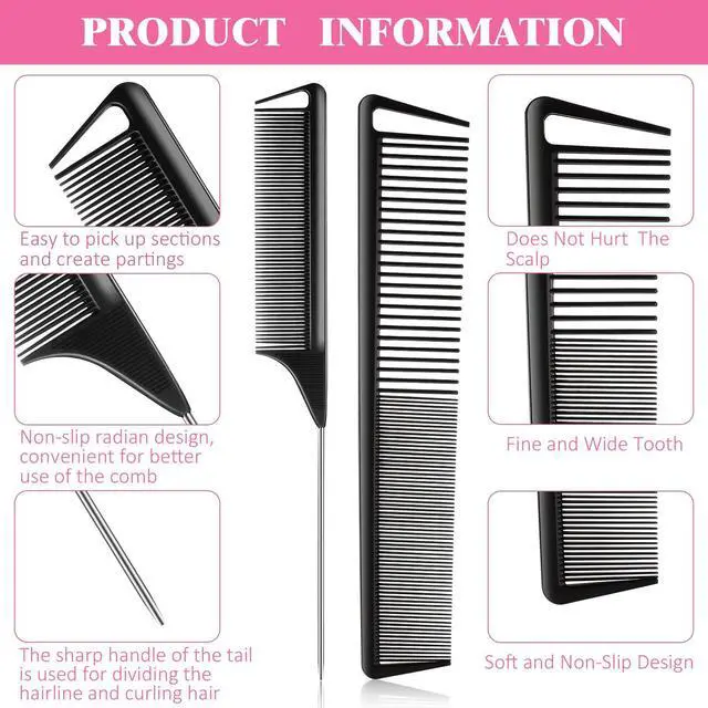 Alt view image 4 of 7 - 8 Pcs Rat Tail Combs Set Carbon Fiber Parting Combs for Braid Heat Resistant Fine & Wide Tooth Teasing Comb Stainless Steel Pintail Black Pink Precision Hair Styling Supplies for Cosmetology