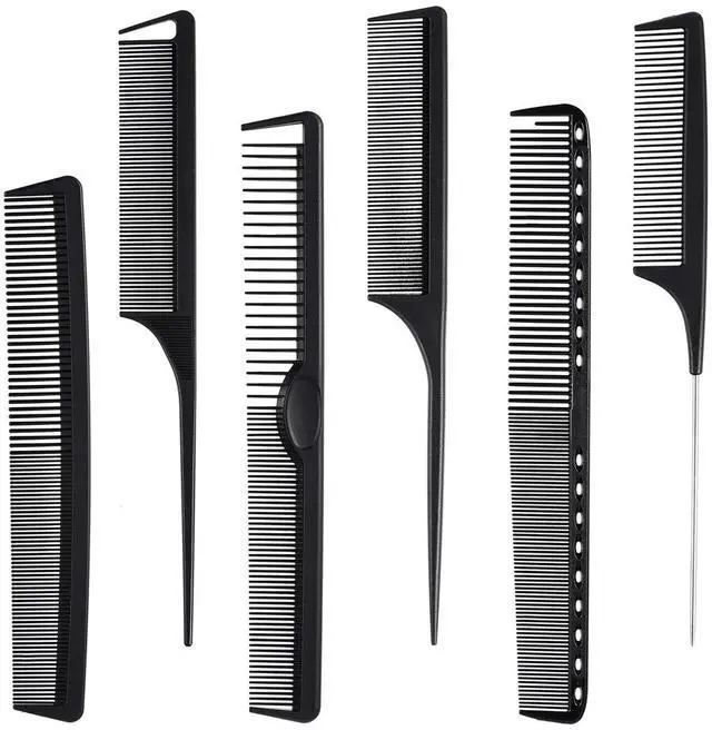 Main image of 6 Pieces Carbon Fiber Hair Combs Set, General Styling Grooming Combs, Anti Static Heat Resistant Hairdressing Comb, Fine and Wide Tooth Hair Barber Rat Tail Comb