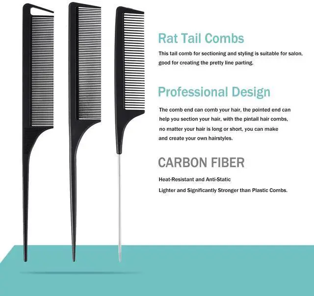 Alt view image 3 of 7 - 6 Pieces Carbon Fiber Hair Combs Set, General Styling Grooming Combs, Anti Static Heat Resistant Hairdressing Comb, Fine and Wide Tooth Hair Barber Rat Tail Comb