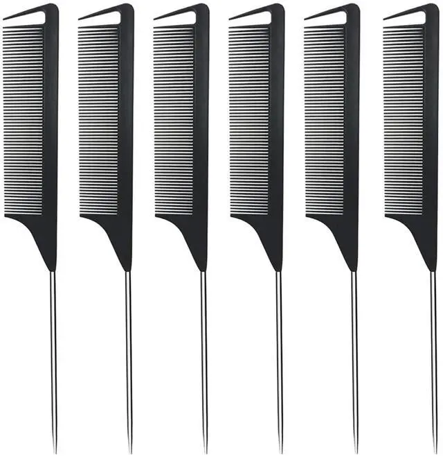 Main image of Metal Carbon Fiber Parting Rat Tail Comb for Women Men Kids Braiding Styling Hair (Black 6Pcs)