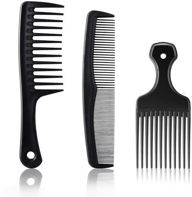 Main image of 3 Pieces Hair Pick Comb Wide-tooth Afro Comb for Men Detangling Styling Set, Carbon Fiber Pick Barber Brush Tool for Beard, Long, Thick, Curly Afro Hair