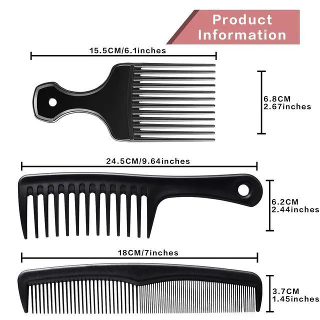Alt view image 2 of 6 - 3 Pieces Hair Pick Comb Wide-tooth Afro Comb for Men Detangling Styling Set, Carbon Fiber Pick Barber Brush Tool for Beard, Long, Thick, Curly Afro Hair