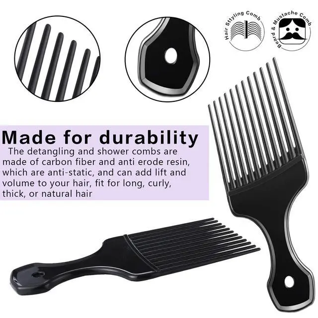 Alt view image 3 of 6 - 3 Pieces Hair Pick Comb Wide-tooth Afro Comb for Men Detangling Styling Set, Carbon Fiber Pick Barber Brush Tool for Beard, Long, Thick, Curly Afro Hair