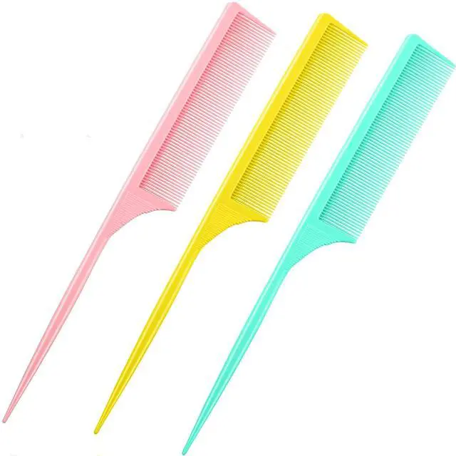 Main image of 3 Pack Rat Tail Combs Fine Tooth Parting Tip for Women Carbon Fiber Heat Resistant Anti Static Teasing for Back Combing Root Teasing Adding Volume Evening Styling(Pink, Yellow, Green)