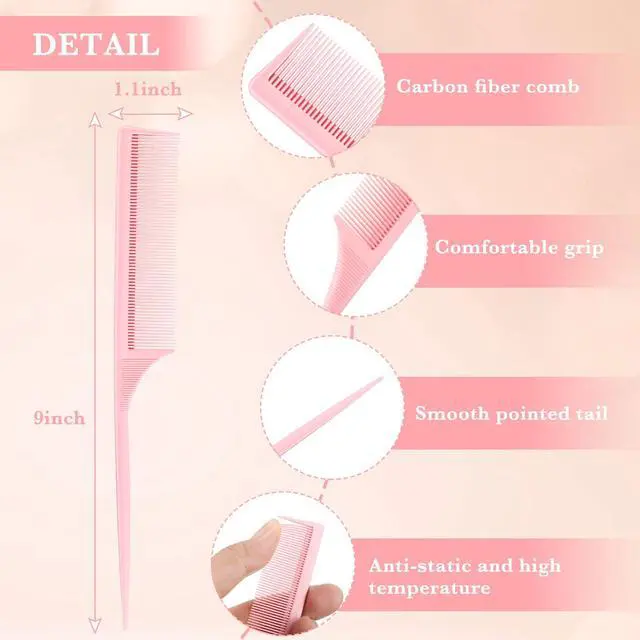 Alt view image 2 of 6 - 3 Pack Rat Tail Combs Fine Tooth Parting Tip for Women Carbon Fiber Heat Resistant Anti Static Teasing for Back Combing Root Teasing Adding Volume Evening Styling(Pink, Yellow, Green)