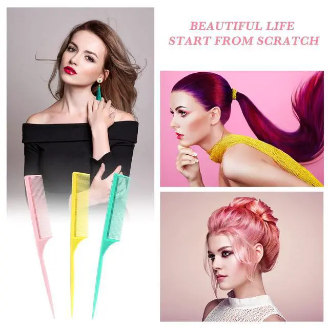 Alt view image 6 of 6 - 3 Pack Rat Tail Combs Fine Tooth Parting Tip for Women Carbon Fiber Heat Resistant Anti Static Teasing for Back Combing Root Teasing Adding Volume Evening Styling(Pink, Yellow, Green)