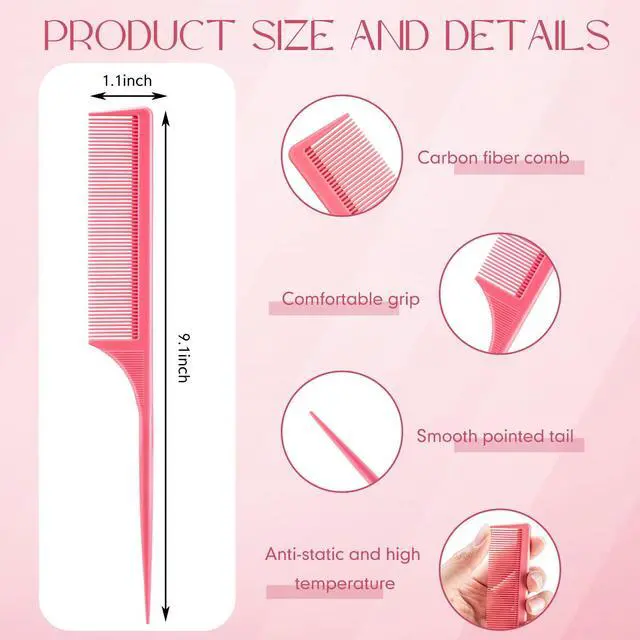 Alt view image 2 of 6 - 3 Pack Rat Tail Combs Fine Tooth Parting Tip for Women Carbon Fiber Heat Resistant Anti Static Teasing for Back Combing Root Teasing Adding Volume Evening Styling(Green, Pink, Blue)