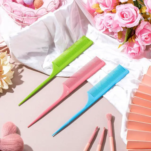 Alt view image 5 of 6 - 3 Pack Rat Tail Combs Fine Tooth Parting Tip for Women Carbon Fiber Heat Resistant Anti Static Teasing for Back Combing Root Teasing Adding Volume Evening Styling(Green, Pink, Blue)