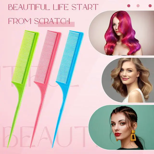 Alt view image 3 of 6 - 3 Pack Rat Tail Combs Fine Tooth Parting Tip for Women Carbon Fiber Heat Resistant Anti Static Teasing for Back Combing Root Teasing Adding Volume Evening Styling(Green, Pink, Blue)
