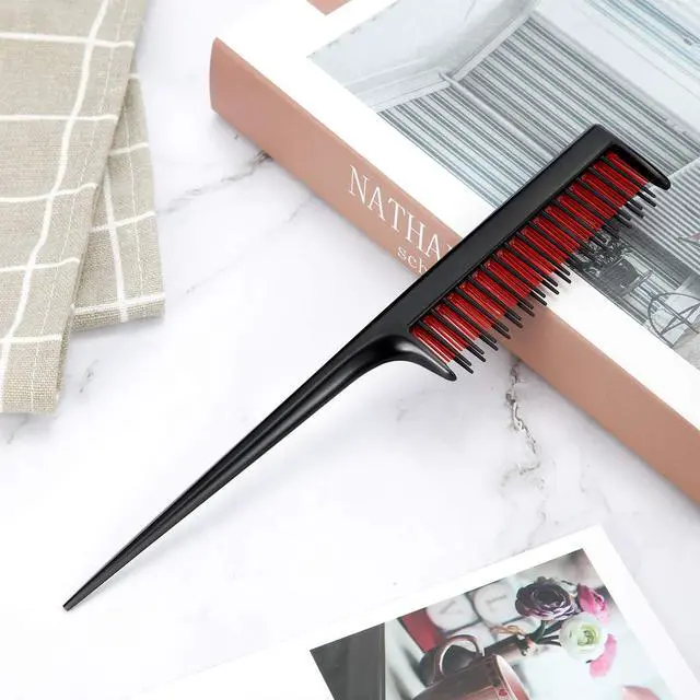 Alt view image 5 of 6 - 3 Pcs 8 Inch Triple Teasing Comb Rat Tail Comb with Pick for Women Styling Parting Lightweight Sectioning Fine Tooth Backcombing Combs Add Volume(Black and Red)