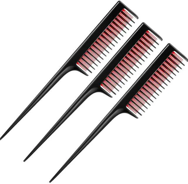 Main image of 3 Pcs 8 Inch Triple Teasing Comb Rat Tail Comb with Pick for Women Styling Parting Lightweight Sectioning Fine Tooth Backcombing Combs Add Volume(Black and Red)