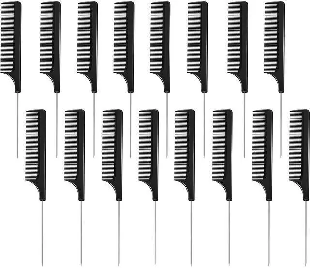 Main image of 16 Pack Rat Tail Comb Set Salon Hair Stylists Foiling Parting Combs with Stainless Steel Tail Pin Carbon Fiber Heat Resistant Fine Tooth Combs for Women Braiding Teasing(Black)
