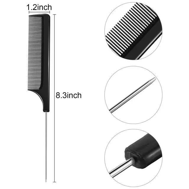 Alt view image 2 of 6 - 16 Pack Rat Tail Comb Set Salon Hair Stylists Foiling Parting Combs with Stainless Steel Tail Pin Carbon Fiber Heat Resistant Fine Tooth Combs for Women Braiding Teasing(Black)