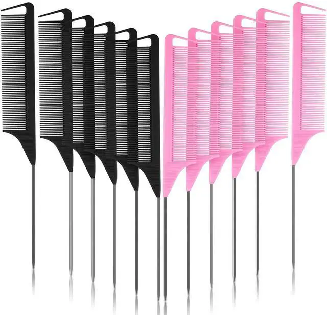 Main image of 12 Pcs Rat Tail Comb for Parting Braiding Hair Carbon Fiber Heat Resistant Teasing Comb Stainless Steel Pintail for Pressing Teasing Hair Styling Salon Hairdressing Home(Pink, Black)
