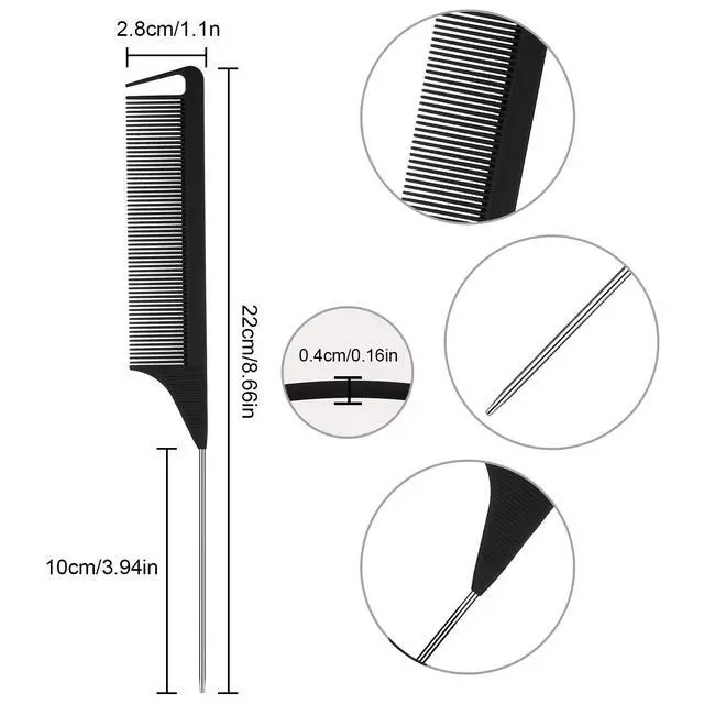 Alt view image 2 of 7 - 12 Pcs Rat Tail Comb for Parting Braiding Hair Carbon Fiber Heat Resistant Teasing Comb Stainless Steel Pintail for Pressing Teasing Hair Styling Salon Hairdressing Home(Pink, Black)