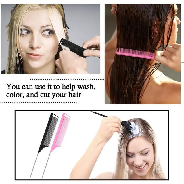 Alt view image 5 of 7 - 12 Pcs Rat Tail Comb for Parting Braiding Hair Carbon Fiber Heat Resistant Teasing Comb Stainless Steel Pintail for Pressing Teasing Hair Styling Salon Hairdressing Home(Pink, Black)