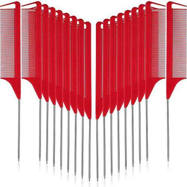 Main image of 12 Pcs Rat Tail Comb for Parting Braiding Hair Carbon Fiber Heat Resistant Teasing Comb Stainless Steel Pintail for Pressing Teasing Hair Styling Salon Hairdressing Home(Red)