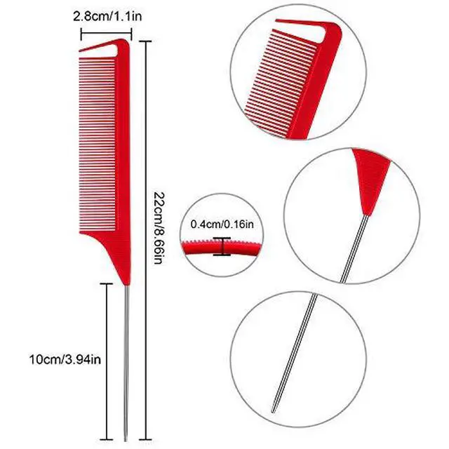 Alt view image 2 of 7 - 12 Pcs Rat Tail Comb for Parting Braiding Hair Carbon Fiber Heat Resistant Teasing Comb Stainless Steel Pintail for Pressing Teasing Hair Styling Salon Hairdressing Home(Red)